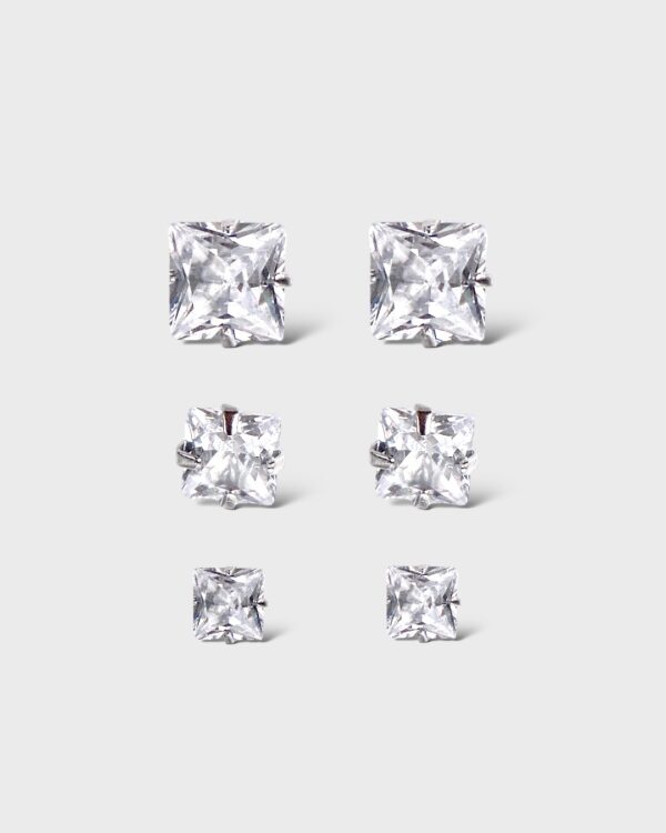 Trio Brincos Zircônia Quadrada em Aço Inoxidável