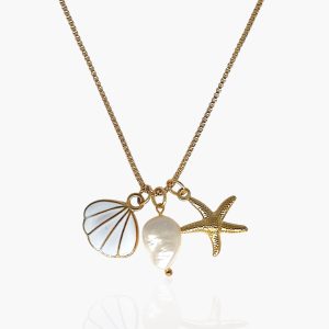Colar Veneziana Dourado Amuleto Concha Resina, Estrela e Pérola em Aço Inoxidável