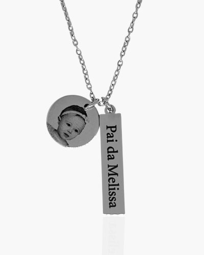 Colar com Foto e Frase em Aço Inoxidável (Medalha M e Pingente retangular) colar masculino para Pais. Perfeito para dia dos pais.
